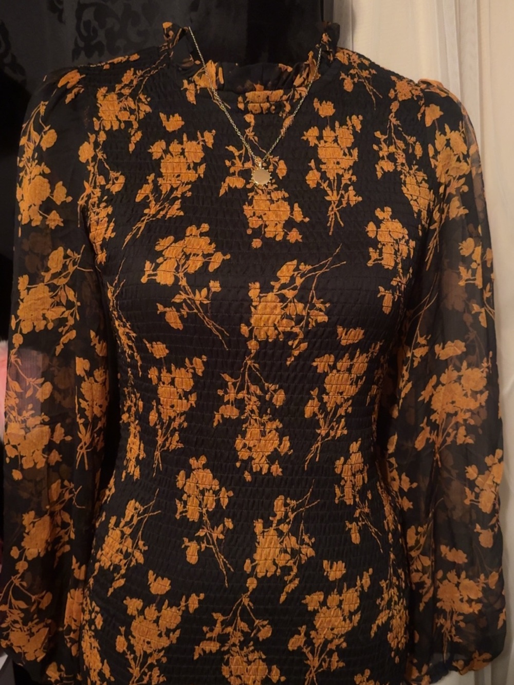 Miss Lola Black Dress with Mustard Floral Print, Long Sleeve